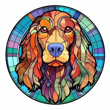 Stained Glass cocker spaniel dog Sublimation Clipart, Stained Glass cocker spaniel dog Portrait, Mandala background Stained Glass, Colorful Stained Glass, Suncatcher, Rainbow style of Stained glass, Colorful Stained Glass, Cricle Stained Glass, on white background, by Stained Glass