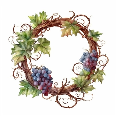 watercolor ultra realistic and hyper detailed illustration of a Grapevine wreath with intertwined branches, clipart, white background