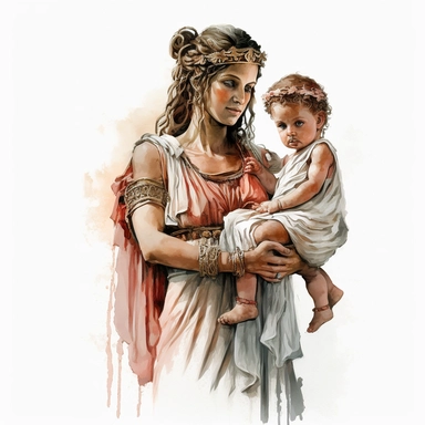 a beautiful and ultra realistic hellenistic dressed happy woman holding her hellenistic dressed baby with watercolor effect,full body,ultra realistic,ancient greece vibe,white background,suitable for digital clipart,hellenistic scene,ancient greece,vibrantly colors,greek columns