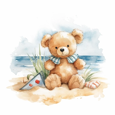 cute watercolor teddy bear at the beach, clipart, white background