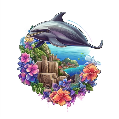 dolphin, close up, a sticker, artwork of t shirt graphic of majestic forest, in digital painting style , beautiful flowers, sunset mountains and clouds , big vines, stone temple covered in vines, white background, colorful fantasy flower sorround , highly detailed clean, vector image, photorealistic masterpiece, professional photography, realistic, flat white background, isometric, vibrant vector, clipart, illustration, realism, 4k, , cinematic, front view, white background, paradise, extremely 