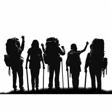 5 hikers with backpacks on standing side by side holding each other with their arms over their shoulders, isolated black on white clip-art, simple block-cut drawing, screenprinting,