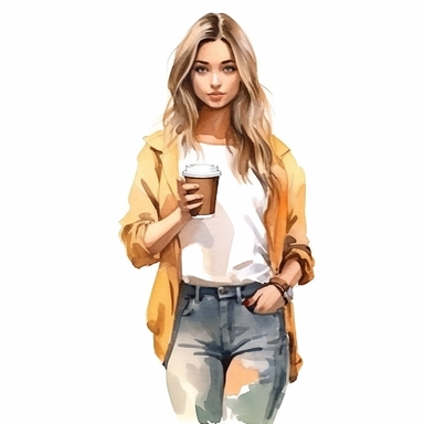 watercolor style, a beautiful girl in casual clothes holding a paper cup of coffee, realistic colors, realistic image. Clipart, isolated on white background, 4K