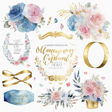 watercolor marriage anniversary clipart collection, white background, white, pink, blue and gold illustrations