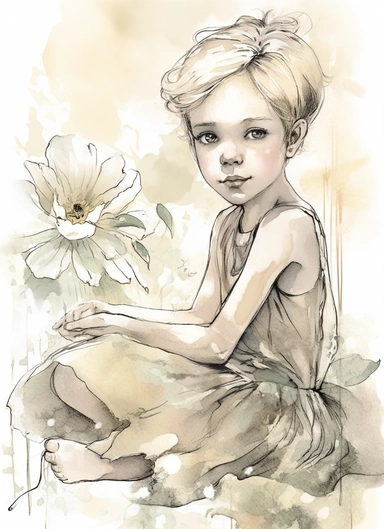 a single spring flower, in the style of magali villeneuve, jon j muth, carl larsson, dreamy world, closest to watercolor illustrations, soft color palette with ligh beige and gray, children's illustrations, solid white background, clipart