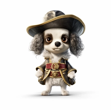 Adorable cute fantasy baby dog dressed like musketeer standing in dynamic pose,front view,fullbody,sharp through out,happy expression, nursery art, clipart image, lineart image, white background, very detailed, 8k, composition wide shot