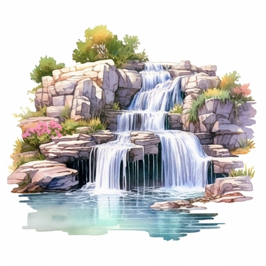 watercolor, hyper realistic, white background, white margins, 16k, ultra detailed clipart, cut out image, hand-drawn a gentle waterfall flowing into the lake, surrounded by rocks and a serene natural landscape. Soft pastel shades inspired by nature, such as pale blue, mint green, lavender, baby pink, and light yellow.
