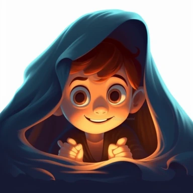fantasy happy cute child peeking out from under a blanket gazing at the shadowy shapes in the room that turn into friendly creatures under the night's veil, full body, children illustration, cartoon, clipart, mascot, isolated on white background