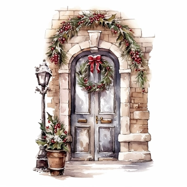 watercolor style, christmas door decorated with a circular christmas wreath, clipart, isolated on white background, 4K