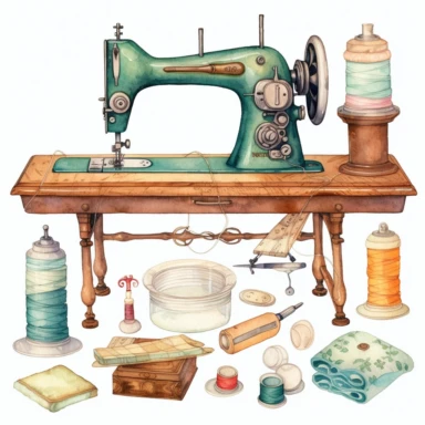 Watercolor vintage sewing kit clipart. Embroidery, Sewing machine