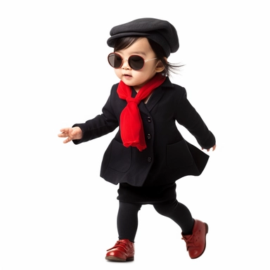 Singer Yoko Ono as a 2 year old toddler, wearing a classic black satin chanel dress, red shoes, red velvet bowler hat, gold silk scarf, dancing, irradiant facial expression, plain white background, clipart