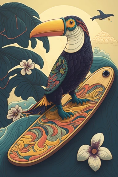 a painting of a standing cartoon Toucan riding kanagawa wave on a longboard surfboard, behance contest winner, psychedelic art, paisley, beautiful waves in sea, james jean and clyde caldwell, clipart, hi - fructose art magazine, katherine lam, artgram, marc newsom, sovietwave,