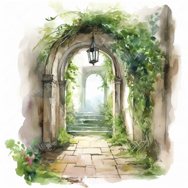 watercolor overgrown castle hallway clipart, no background, greenery