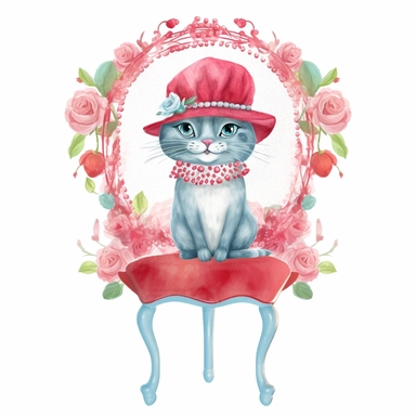 watercolor adorable cat in a fancy hat clipart, hd white background