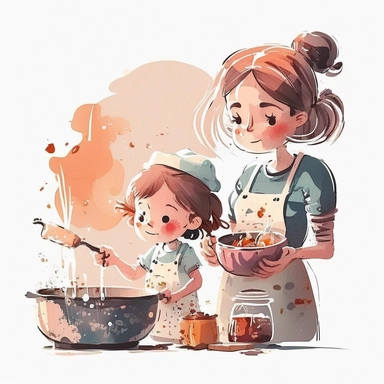 cartoon watercolor cute mother cooking with her girl, very detailed, clipart, modern style, white background, 8k--v 5--q 2