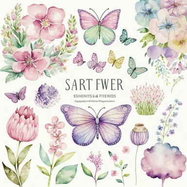 Spring Fever Watercolor Collection: This clipart set features a variety of springtime illustrations, rendered in a soft and feminine watercolor style. The set includes images of flowers in bloom, butterflies flying, and people enjoying the warm weather. The colors are light and pastel, with a focus on pinks, blues, and purples. These clipart illustrations would be perfect for adding a touch of springtime beauty to any project, whether it's a blog post, a social media campaign, or a printable des