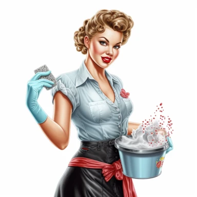 beautiful pretty pin up woman, makeup and hair 50's style, diferent cleaning poses,maid dressed, home stuff in her hands, and a lace on her hair, all in 50's style, paint art style, detail, clipart, white background, superrealistic, one of a kind
