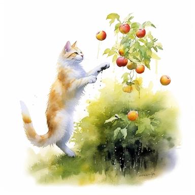 a cat jumping try to catch the apple under apple tree , water color by thomas W. schaller ,Clipart, White background, Highly detailed,8K, Printable