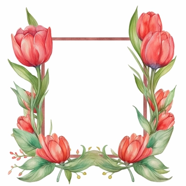 A rectangular frame adorned with watercolor tulips and foliage, leaving space in the center for text or images. clipart. watercolor. outlined. white background