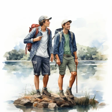 Travel Watercolor Clipart, two young men, best friends, fishing together, 19 blue themed, single object, isolated on white background, highly detailed, hand painted watercolor illustration by Cath Kidston, Emma Bridgewater, png transparent background, white background for removing background - - no text shadow font watermark