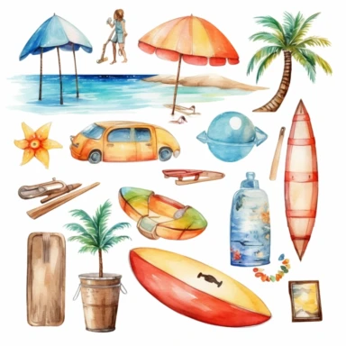 Watercolor Summer beach Clipart set object surf and kids toy