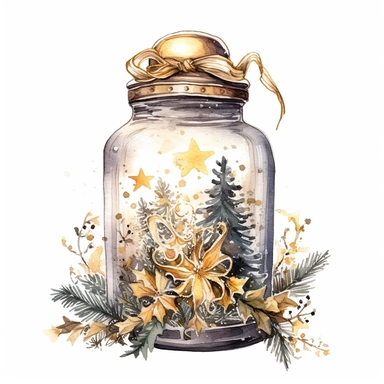 charming glass jar filled with Christmas magic and wonder, watercolour clipart, silver and gold colors, I can't believe how beautiful this is