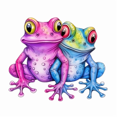 funny cute pink purple-blue cartoon two frogs, clipart, watercolor technique, black contour lines, octane render, K8,