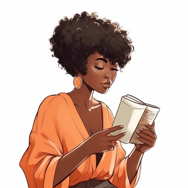 Gorgeous black woman clipart, studying the bible sipping a coffee, pixie cut hairstyle, peach blouse, dark brown skinned, melanin, white background