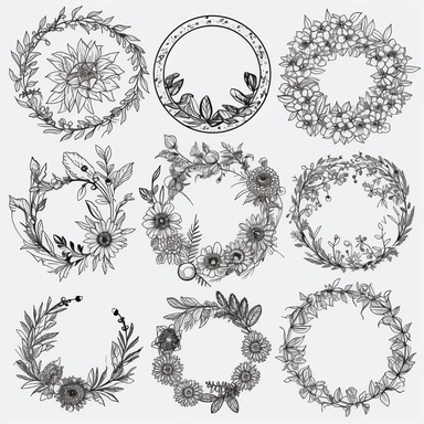 Nine extremely simple and beautiful uncomplicated minimalist design flower garlands clipart in 3 rows, 3 columns, line drawing in a perfect circle, very little detail, mixed drawing so that certain parts of the circle are flowers, straight line, hidden and dotted line, flower details do not enter the circle or enter very little, black focus, high quality, aesthetic style, white background, garlands only,8k
