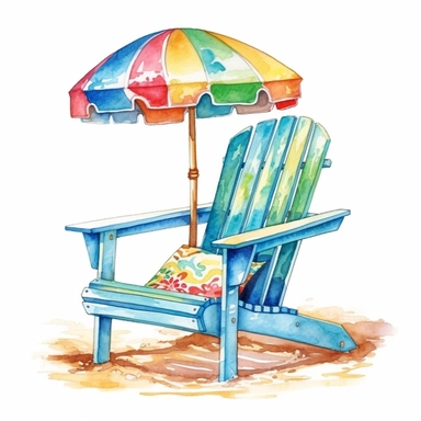 Cute Beautiful Beach Chair Tropical Watercolor Sublimation Clipart,Cartoon, hyper realistic, intricate detail, illustration style,high solution,on the white background