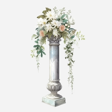 watercolour beautiful realistic white floral real wedding flower spray on roman pillar tall stand realistic elegant wedding floral display stand with white glitter wedding flowers ,build a family style clip art illustrated clip art graphics , PNG image,transparent background ,ultra highly detailed, 18k, sharp focus, bright photo with vibrant colours, digitally enhanced,photographic, enhanced graphics, png format, straight, sharp focus, bright lighting, intricate detailed png image ,high definiti
