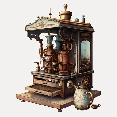 watercolour American style traditional coffee maker beautifully detailed wooden coffee cart,beautifully deatailed png image,high resolution,300 dpi,graphic clipart,computer graphics