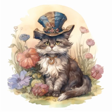 full body of a cute happy fluffy cat with a colourful edwardian ladies hat in a field, in the style of jody bergsma, clipart with white background,32k uhd, hand-painted details, charming character illustrations, dark brown and light beige, pink and dark blue,aquarellist, hd , white background clipart