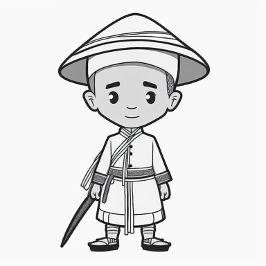 a boy, simple, traditional costume, local food, animal, educational, history, and cultural diversity, clipart style, cute, picture book style, captivating, kid friendly cute character, black and white, coloring book, not color style, cartoon style, vector image, simple, line art style, character, white background