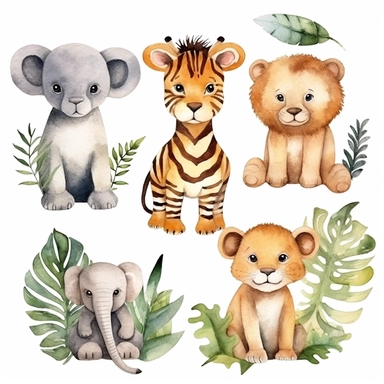 Watercolor baby jungle animals , illustrations clipart set, simple , cartoon elements, different variants , , separate elements with a margin
