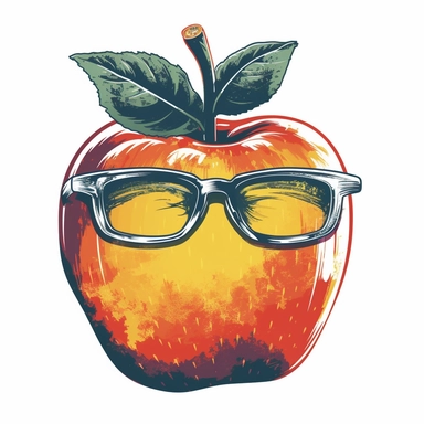 an apple fruit wearing retro sunset sunglasses rendered on a pure white background, t-shirt design graphic, vector, clipart, isolated, .75 gutter,
