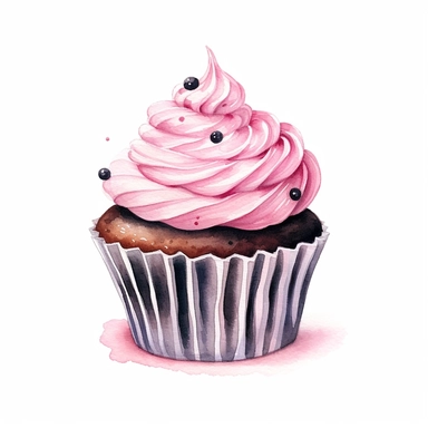 Watercolor pink and black birthday cupcake drawing, illustration clipart, high detailed, white background, digital art