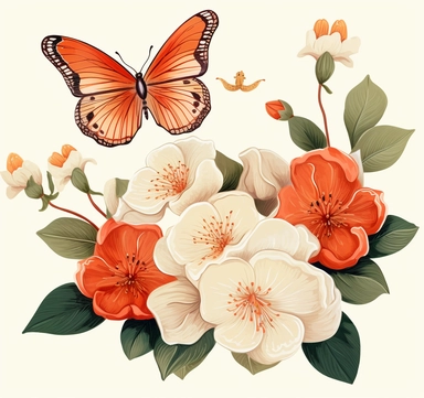 beautiful flowers with butterfly clipart guava, kiwis, red, in the style of qiu shengxian, orange, flat shading, free brushwork, concise brushwork, light brown and gray