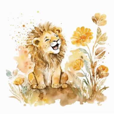 The watercolor clipart illustration shows a baby lion playing in a natural setting. The background is a white space to keep the focus on the cute baby lion. The colors are warm and inviting, with shades of yellow, brown, and white. The baby lion is depicted in a playful and happy way, with its mouth open in a smile and its paws stretched out. This would be a perfect watercolor clipart for kids to enjoy and learn about lions.