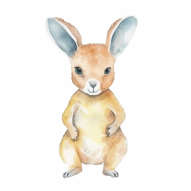 a pastel baby kangaroo with kind eyes clipart with watercolor illustration,full body shot,8k,etsy style, white background