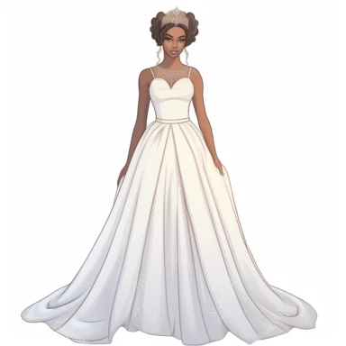 full body beautiful brown melanin 18 year old debutante wearing a modern modest white wedding gown, wearing long white gloves and crown on her head with white background.. 300 dpi vector clipart.. character drawn with thick black lines like for a coloring book.. no watermarks.. white background