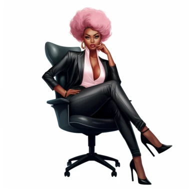 Black woman, ceo boss* * Boss lady black girl clipart, pink hair, pink blouse with puff sleeves, black pants, black girl seated, beautiful black girl, white background,
