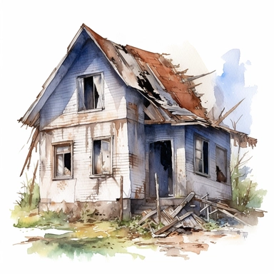 watercolour small broken and abandoned house, clipart on white background, no watermark, highly detailed, professional color gradation, clean sharpness