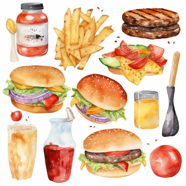 watercolor BBQ Clipart, Barbeque Clipart, Picnic Clipart, Backyard BBQ Clipart, Summer Clipart, Grill Party Food, Burgers, Grill, Cookout, PNG File