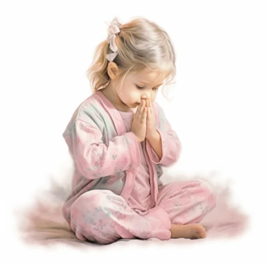 Watercolor cute praying little girl, kneeling by bed, pastel pink pajamas, beautiful details, ultra detailed, ultra photo real intricate detailed, high definition, graphic clipart, hyper realistic, detailed, white background