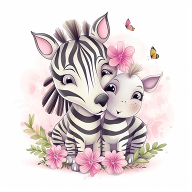 Cute floral illustration, realsitic adorable baby Zebra hugging his mom happy clipart, nursery style clipart, Nursery Animals Art, Kids Wall Art, Kids Room Decor, Baby Room Decor, isolated on white, ultra - detailed, high quality, ghibli style, award winning