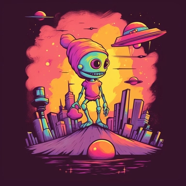 Artwork for t shirt graphic of majestic vibrant color magnificent funny Alien with planets and solarsystem in the Back, starting Rocket from the ground, in a pencil drawing style, A vibrant featuring a sun setting over a futuristic City, with a soft pink sky and a hint of orange in the horizon white background, colorful shades, Centered, highly detailed clean, vector image, photorealistic masterpiece, professional photography, realistic, flat white background, isometric, vibrant vector, clipart,