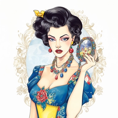 Hand drawn 1950’s pin up woman, dressed like Disney's Snow white, holding a gold hand mirror, shades of blue yellow and red, very glamorous with jewelry, shades of blue coral and silver, half body, very detailed and realistic, watercolor, white background with margins, clipart style