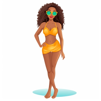 Create a realistic clip art of an African American woman in her mid-twenties with long wavy brown hair, dressed in a two-piece bikini with a bright-colored top and a complementing shade for the bottom. She should be wearing high heels that add height to her curvy figure and have hips that are prominently displayed with a gentle curve to them. Her skin tone should be medium to dark and have a confident and attractive demeanor.