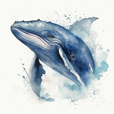 watercolor happy whale clipart, blue whale clipart , original hand drawing, style of the artwork, mood of the artwork, white background, 8K quality, ultra detailed , clipart, white background, High Quality, ultra detailed